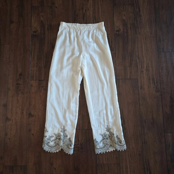 Women's Embroidered Ivory Solid Silk Pants Casual Straight Trousers Size Medium - Picture 1 of 9
